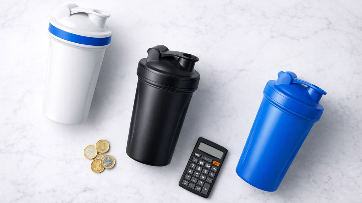 Drei Protein Shaker in verschiedenen Farben mit Muenzen auf Marmoroberflaeche – Preisguide