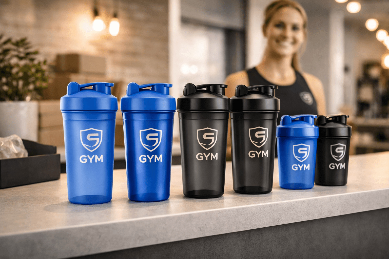 Gebrandete Protein Shaker mit Fitnessstudio-Logo auf Hantelbank in modernem Gym
