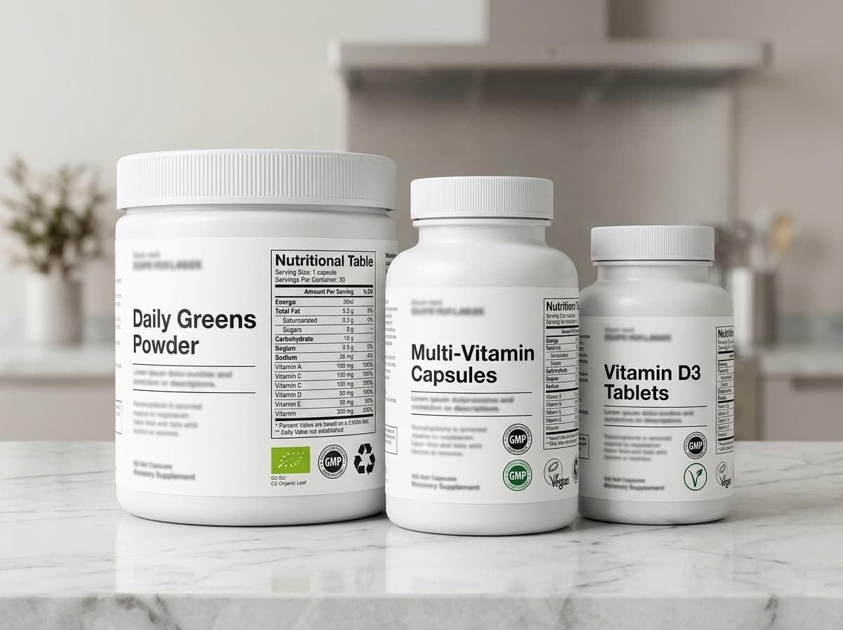 EU-konforme Supplement-Verpackung mit Nährwerttabelle und Zertifizierung