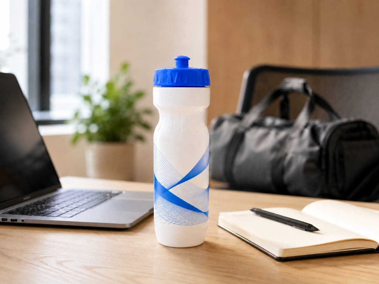 Printed sports bottle with a company logo in everyday use: on the desk next to a laptop and notebook, with a sports bag beside it – the same bottle in the office and at the gym
