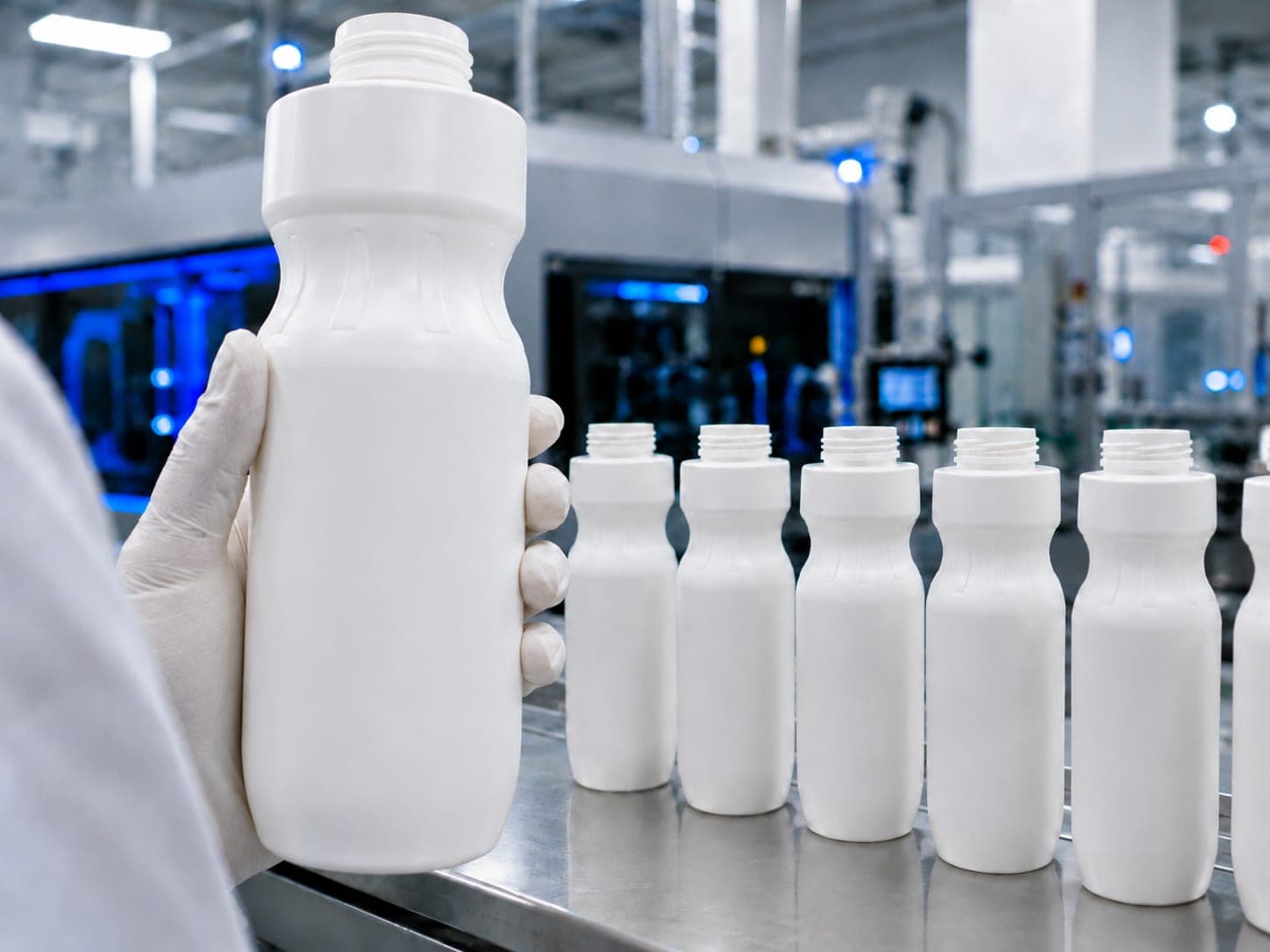Production at the EU partner facility: freshly produced bottle bodies undergoing visual inspection, with the production line in the background