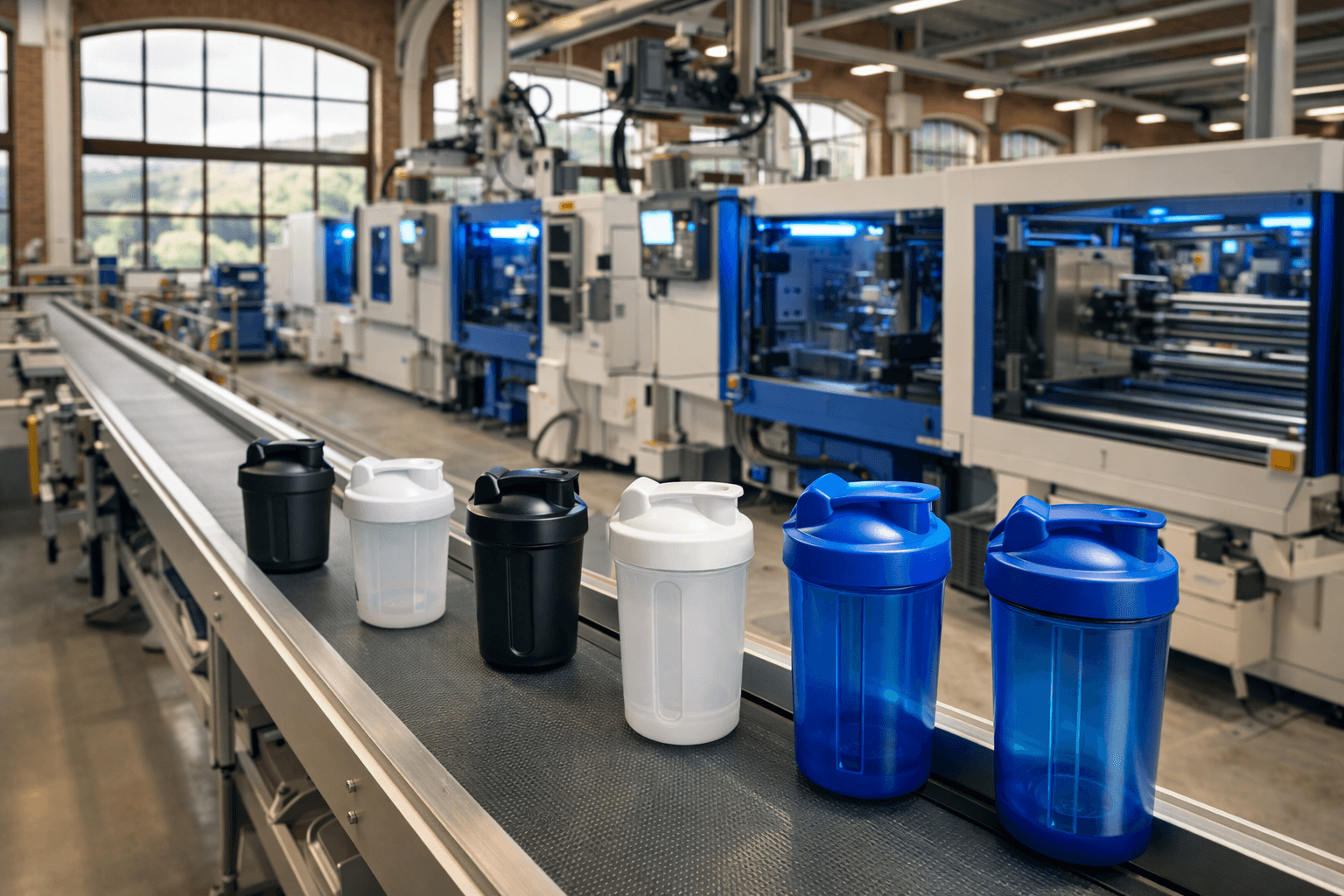 Europaeische Flagge neben weissen Shakern auf industriellem Hintergrund – Produktion in Europa