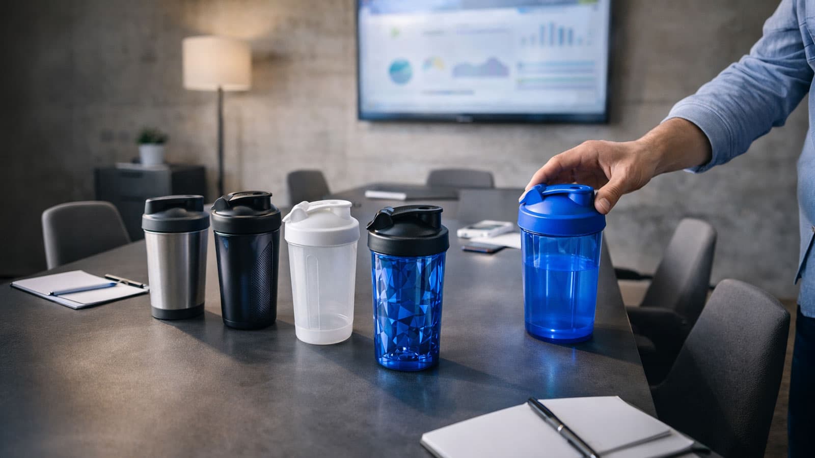 Werbeagentur praesentiert Premium White-Label Shaker als hochwertiges Werbemittel fuer Kunden