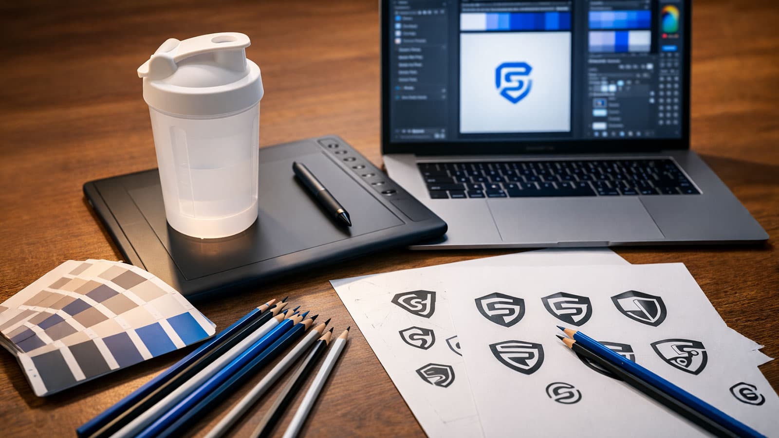 Protein Shaker mit gestochen scharfem Vektordruck-Logo auf gekruemmter Oberflaeche – Logo Design Tipps