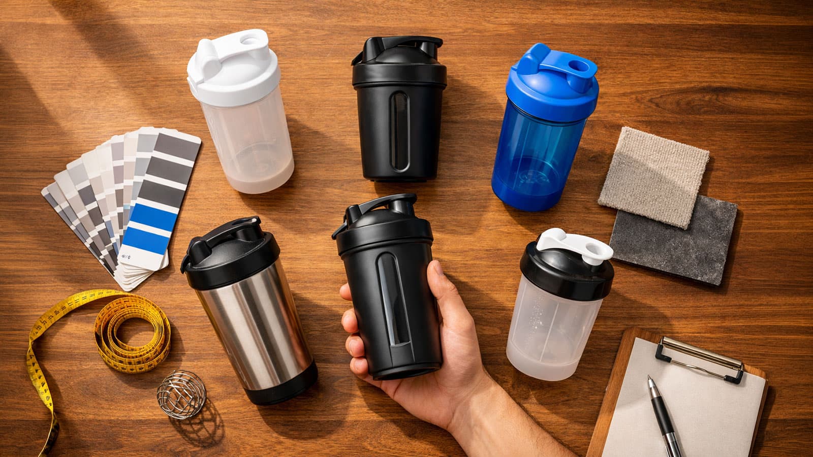 Verschiedene Protein Shaker in unterschiedlichen Groessen und Materialien auf hellem Hintergrund – Auswahlkriterien fuer Marken