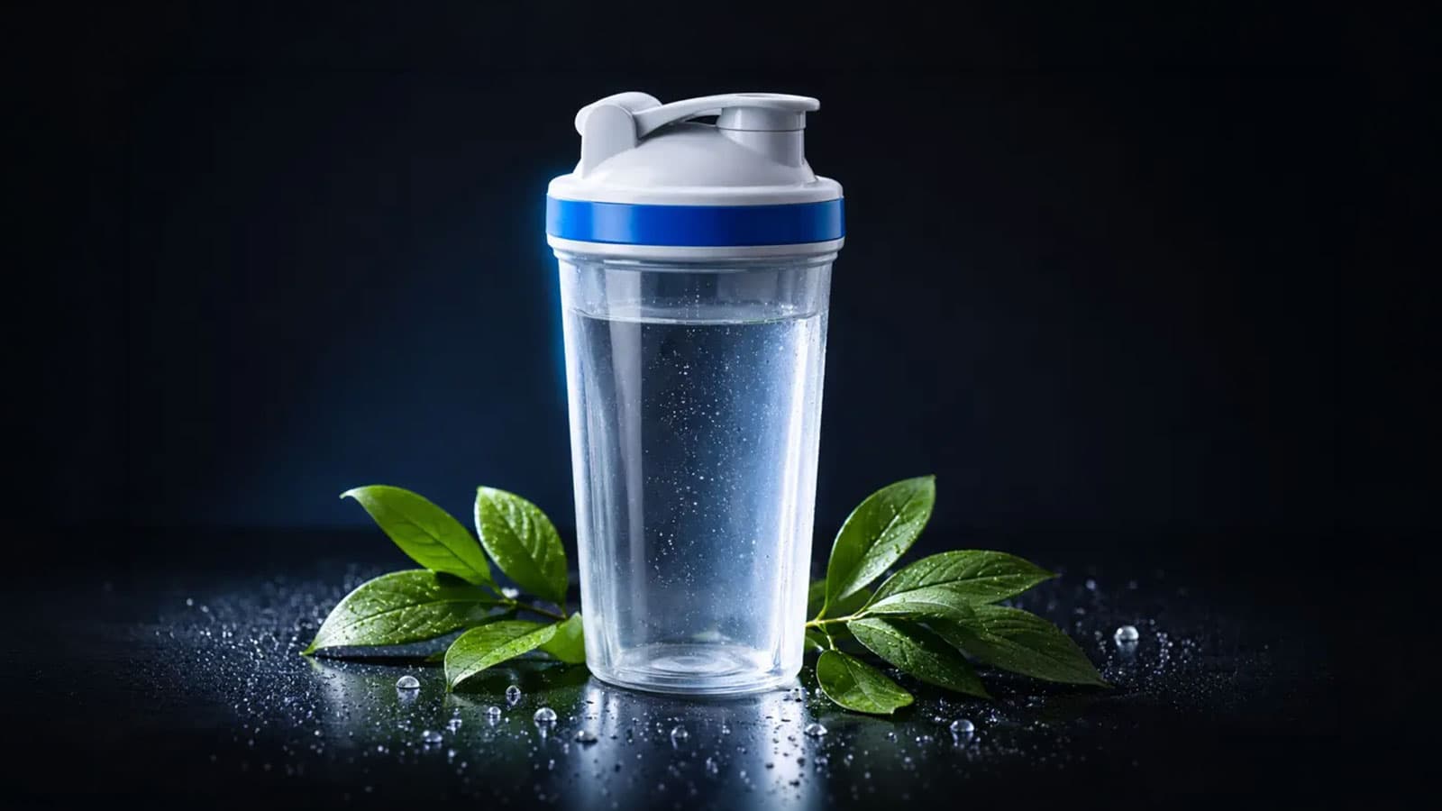 Transparenter Shaker mit gruenen Blaettern auf dunklem Hintergrund – Nachhaltigkeit