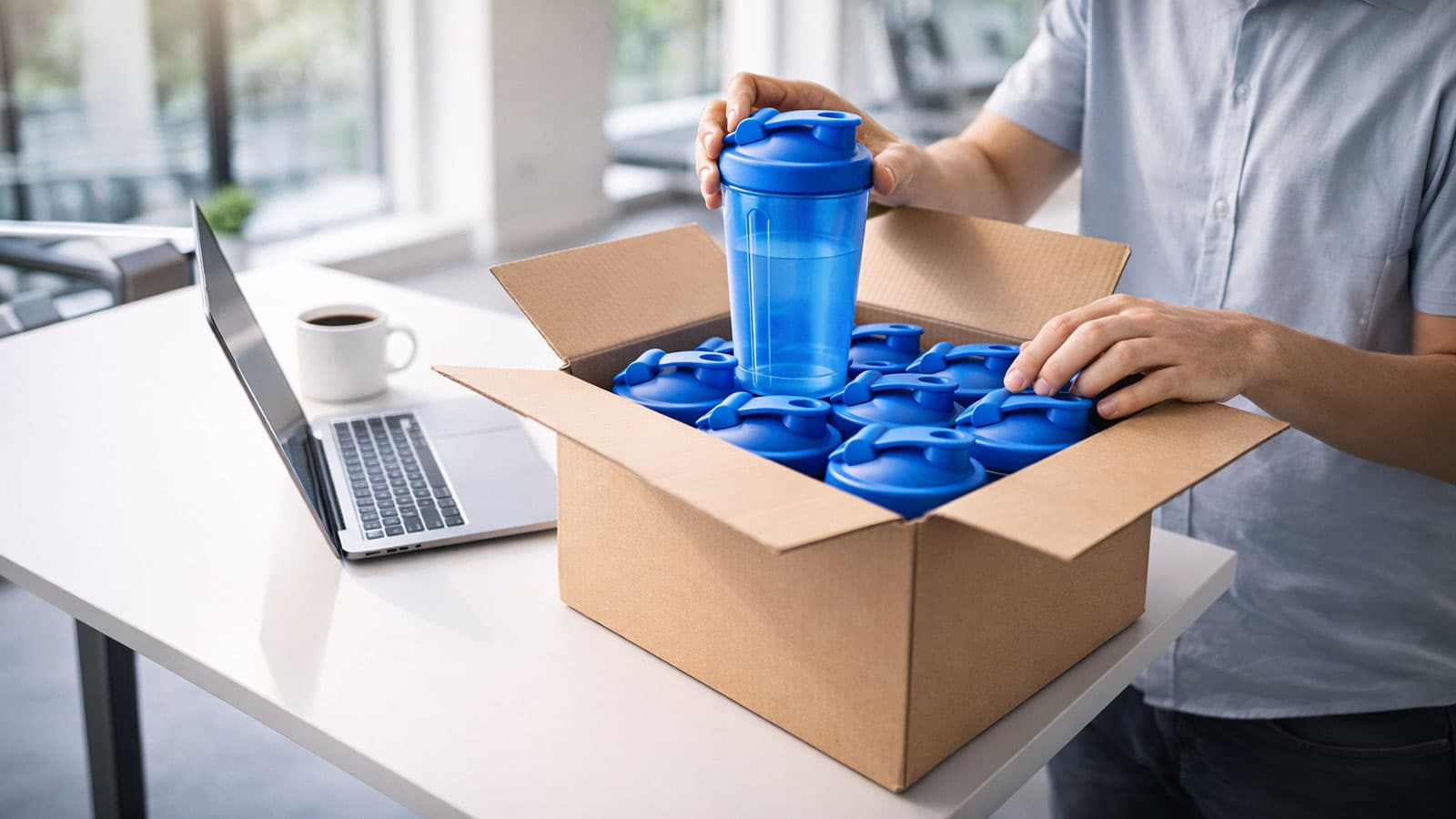 Startup-Team mit gebrandeten Shakern in kleiner Stueckzahl als Merchandise