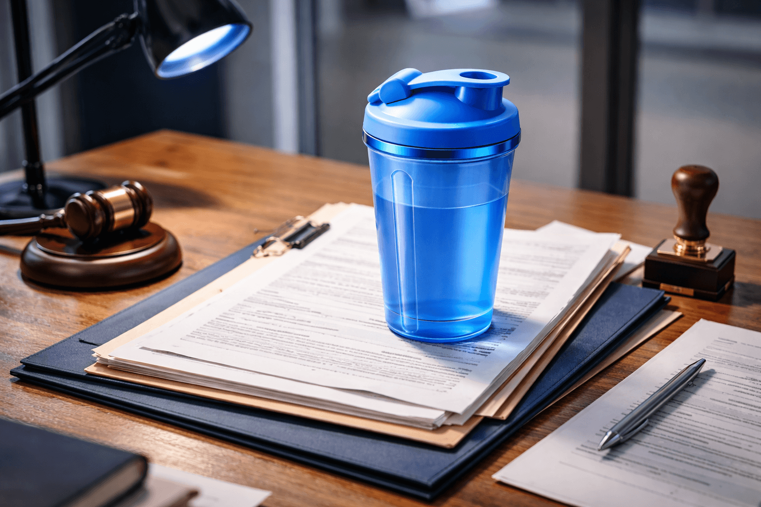 Blauer Shaker auf Unterlagen am Schreibtisch, daneben Richterhammer, Stempel und Stift