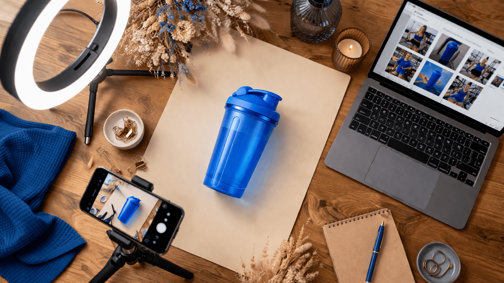 Blauer Shaker auf einem Holztisch, daneben Ringlicht, Smartphone und Laptop