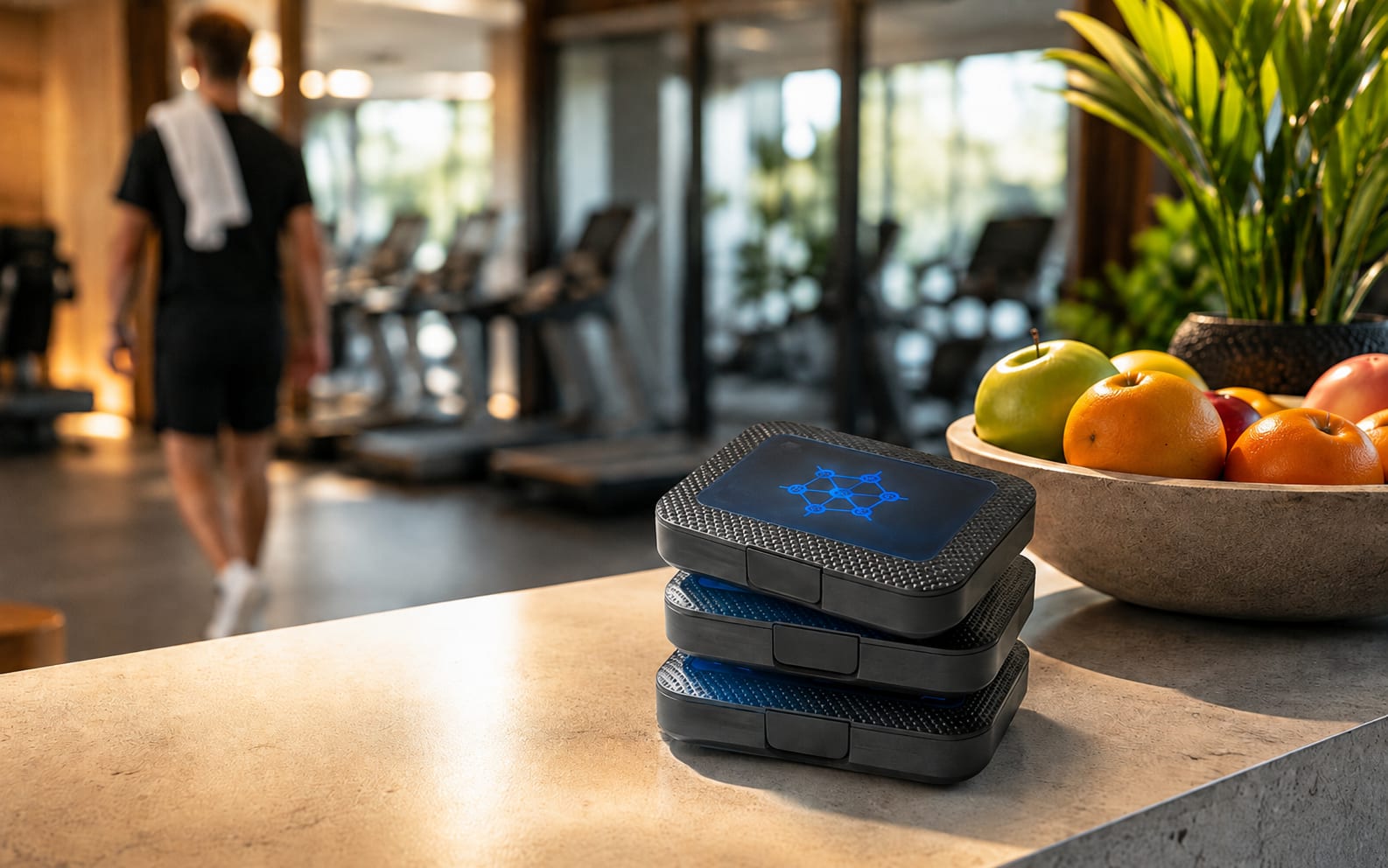 Stúdiólogóval nyomtatott tablettatartók egy fitneszstúdió pultján egymásra rakva