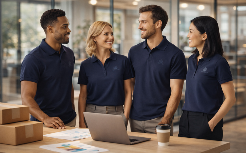 Corporate Team mit einheitlichen Firmen-Textilien