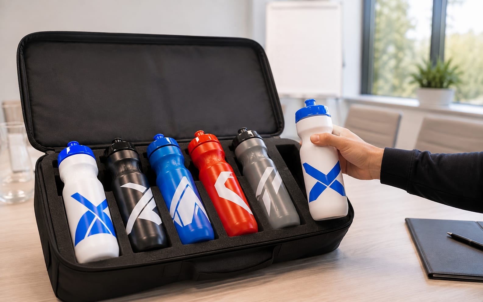 A promotional agency's sample case on a meeting table, containing printed water bottles in several colors with different customer logos