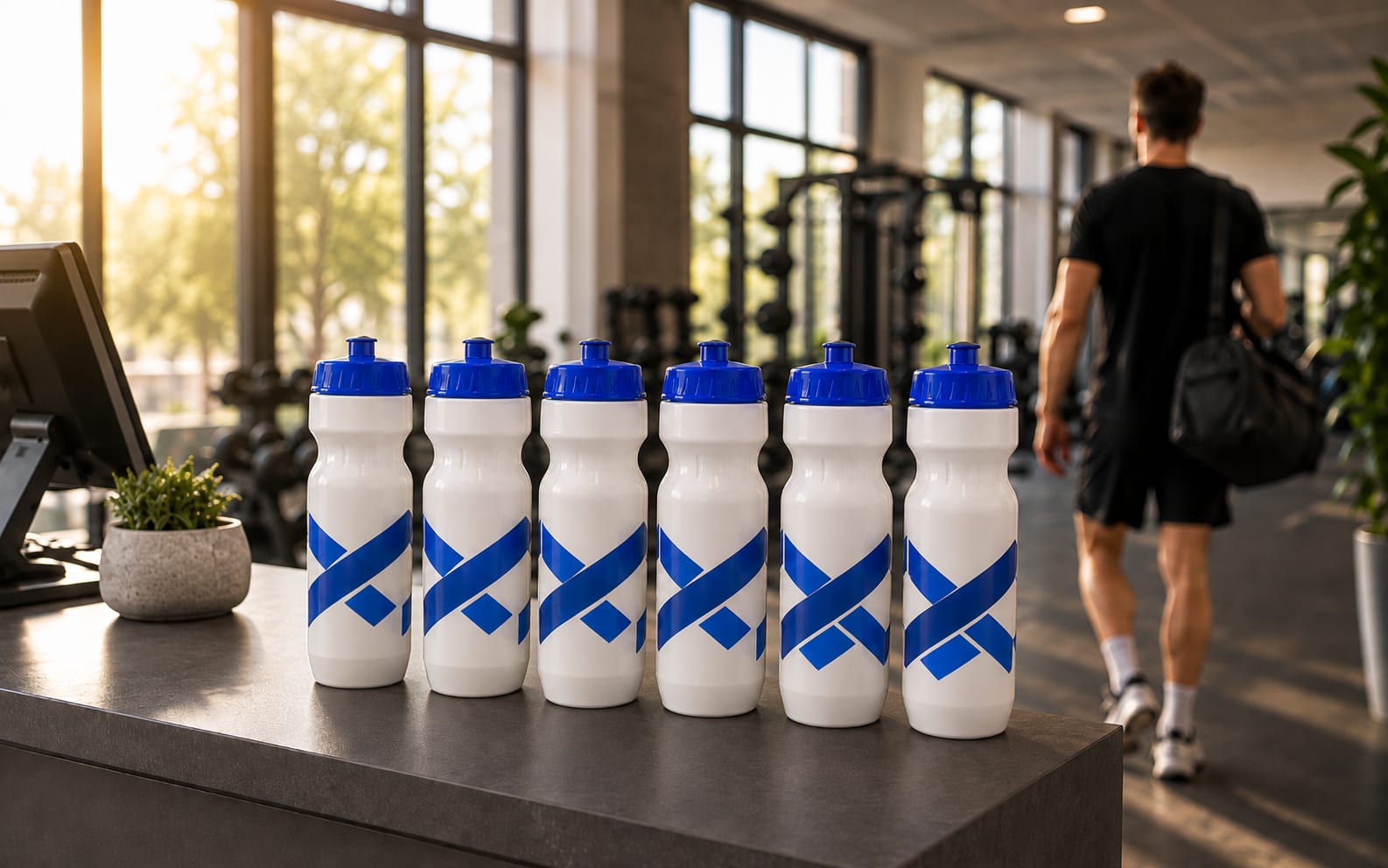 Printed sports bottles with a gym logo lined up on the reception counter of a gym, with a member carrying a sports bag beside them