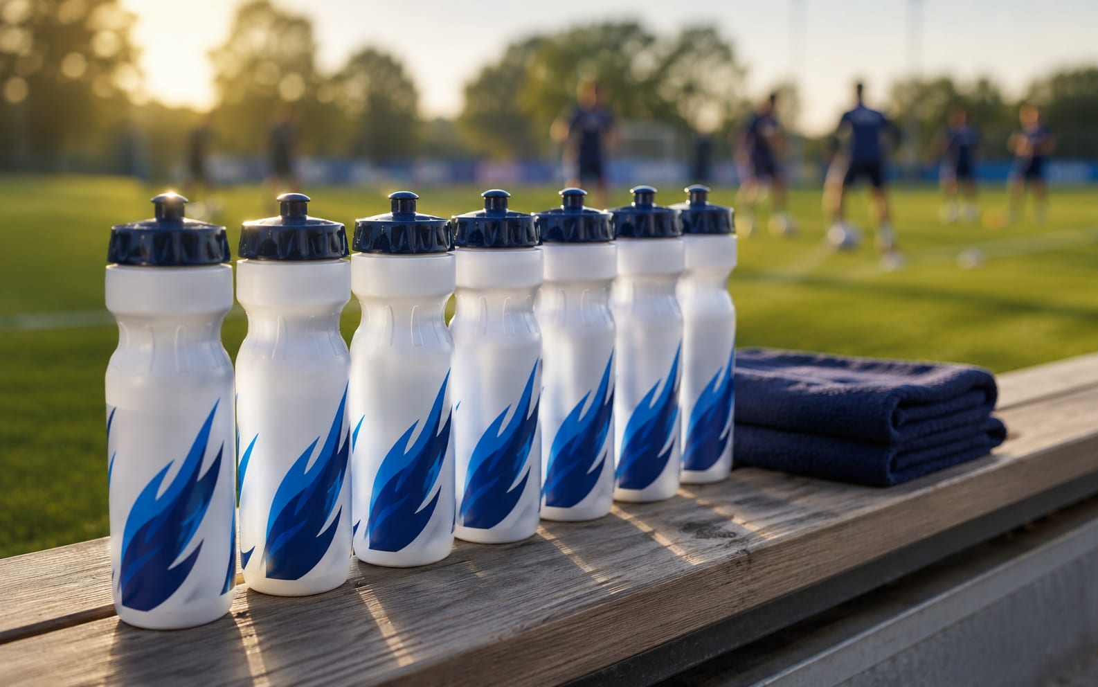 Uniformly printed water bottles in club colors, lined up on the team bench at the edge of the pitch